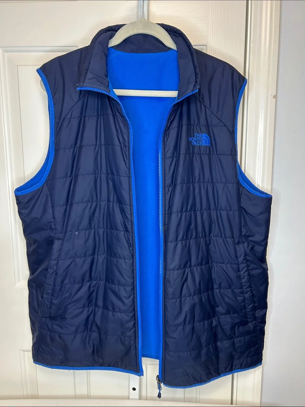The North Face Mens Reversible Insulated Quilted Vest Navy Blue Sz XLT Fleece